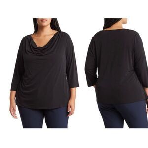 New Premise Black Slinky Fabric Cowl Neck Top with 3/4 Sleeves Size 1X